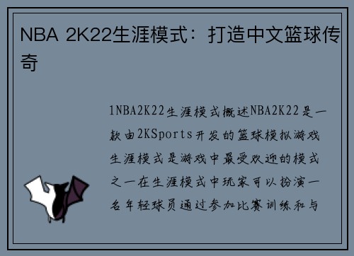 NBA 2K22生涯模式：打造中文篮球传奇