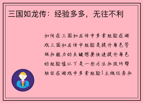 三国如龙传：经验多多，无往不利