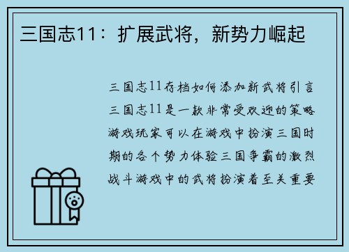 三国志11：扩展武将，新势力崛起