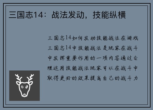 三国志14：战法发动，技能纵横